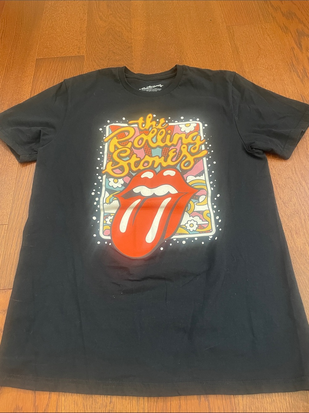 The Rolling Stones Black Tee with Red Tongue and Yellow Script